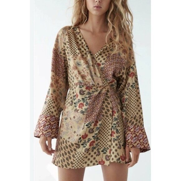 Zara Woman's Sz XS Patchwork Macedonia Faux Wrap Romper Dress NWT - Picture 1 of 15